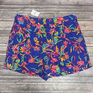 J Crew Factory Blue Linen Blend Woven Pleated High Rise Floral Print Shorts